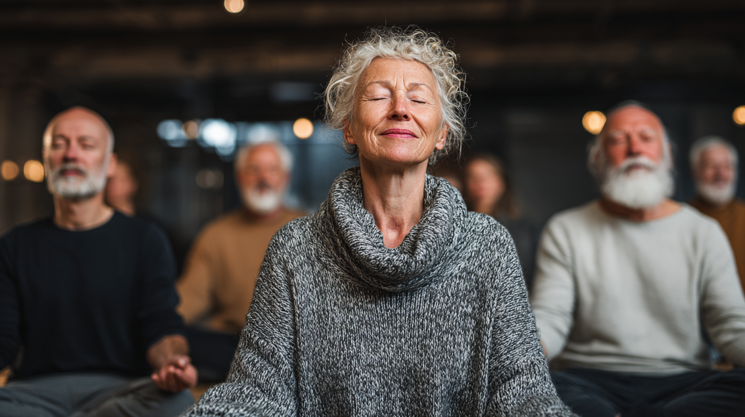 Група старших людей практикує йогу в затишній студії